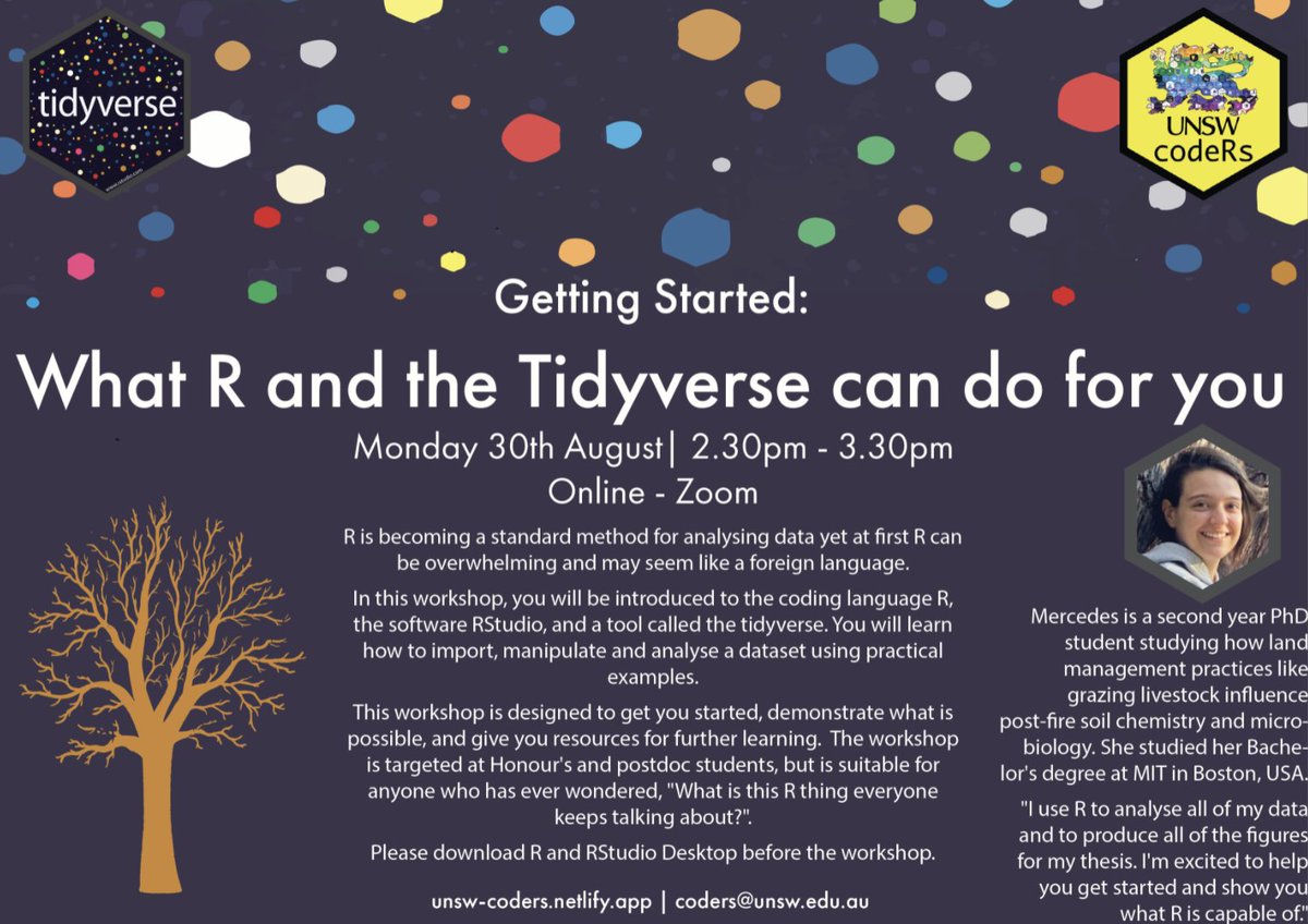fonti_kar's tweet photo. Learning how to use #Rstats is hard! #UNSWcodeRs is excited to bring you a primer on #R, @rstudio and #tidyverse! Perfect for Hons students and anyone needing a hand to get started! Sign up for details: https://t.co/NkCRH2SoWO @UNSWScience https://t.co/lrZaORphqR