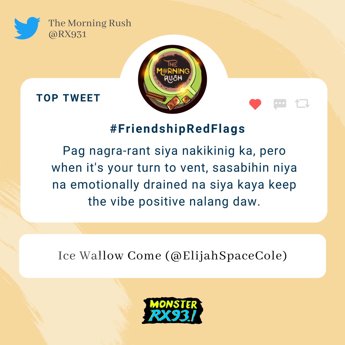 RX931's tweet photo. #FriendshipRedFlags from @ElijahSpaceCole #TheMorningRush https://t.co/jZJveQ9l8O