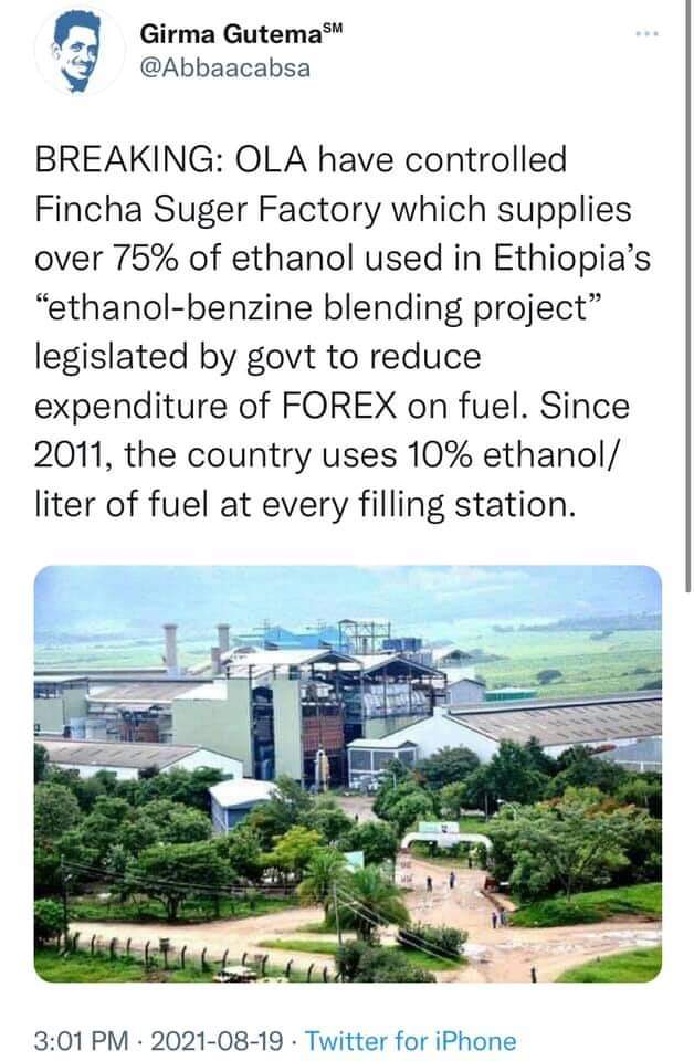 Omedla's tweet photo. The #Oromo Liberation Army (#OLA) controls #Fincha Suger Factory https://t.co/pJsJ5uzY7N