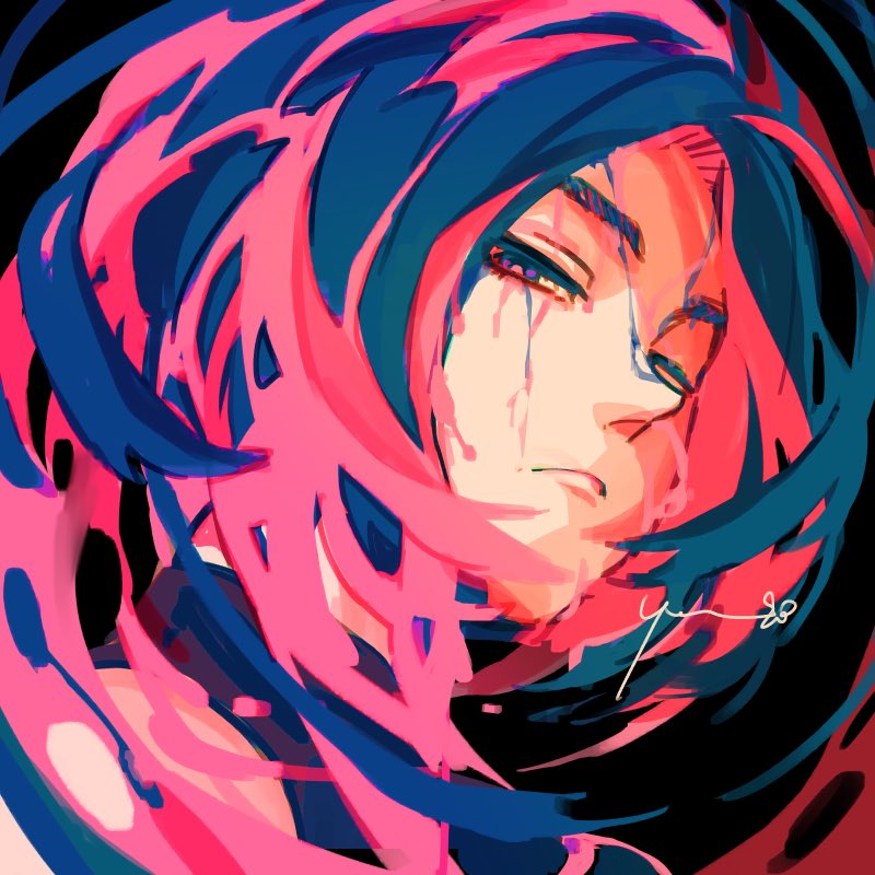 solo pink hair black background looking at viewer portrait signature blue hair  illustration images