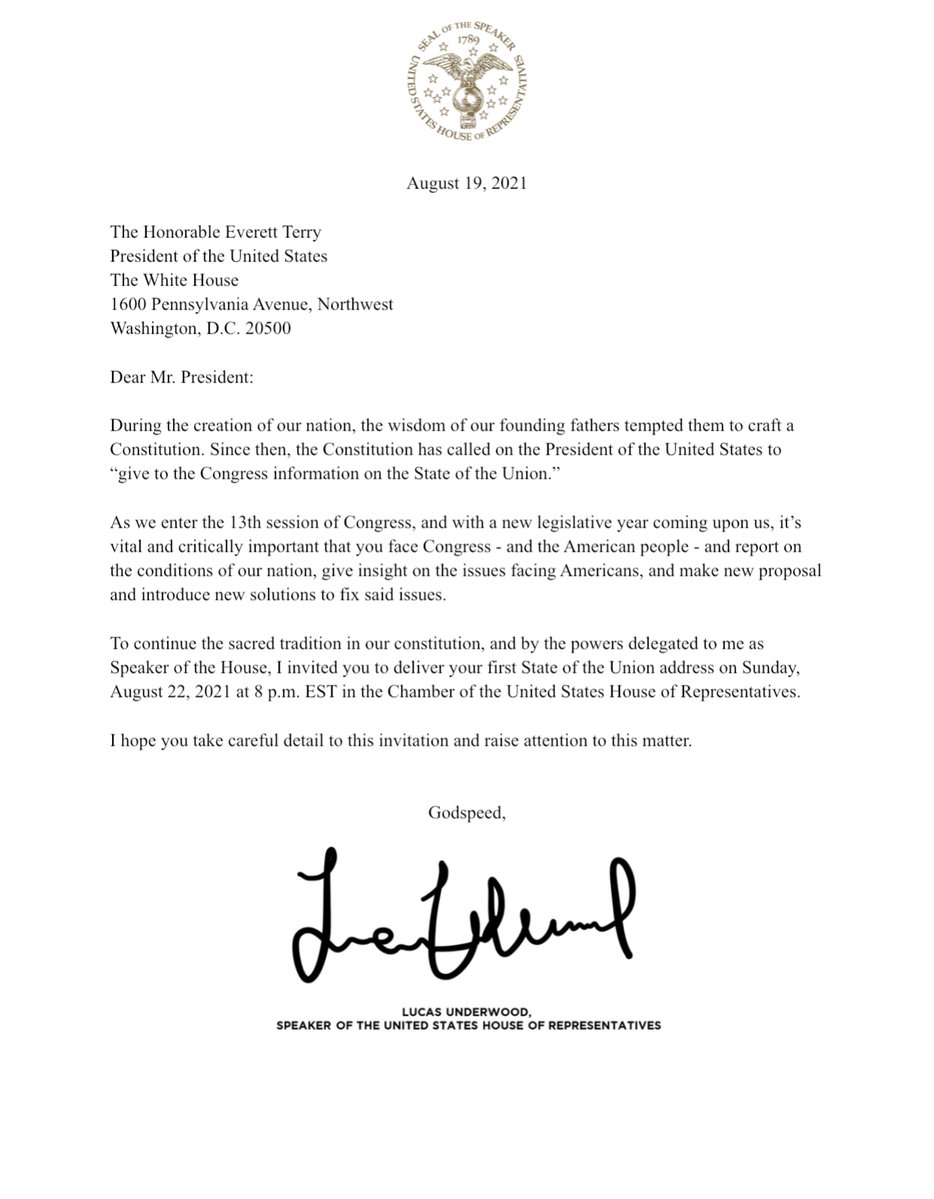 underwood_des's tweet photo. Earlier today, the Speaker sent the following letter to the President - inviting him to deliver his SOTU address in front of Congress. https://t.co/FbUacs2pax
