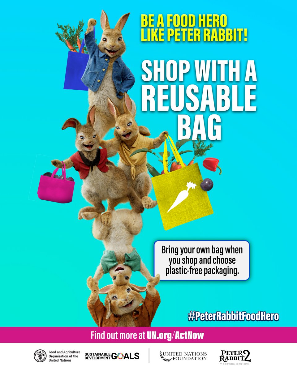 Shop with a reusable bag to help cut down on plastic waste! 🐰 Learn more about how you can be a #PeterRabbitFoodHero at un.org/actnow and see #PeterRabbit2, Now on Digital and on Blu-ray Tomorrow. 🎥 bit.ly/PeterRabbit2-