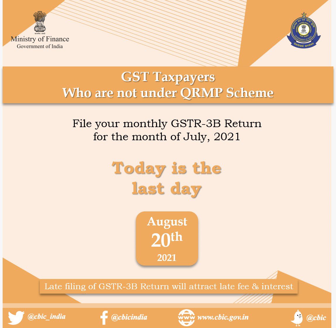 Attention GST Taxpayers who are not under QRMP Scheme!

Today is the last date to file your monthly GSTR-3B Return for the month of July, 2021.