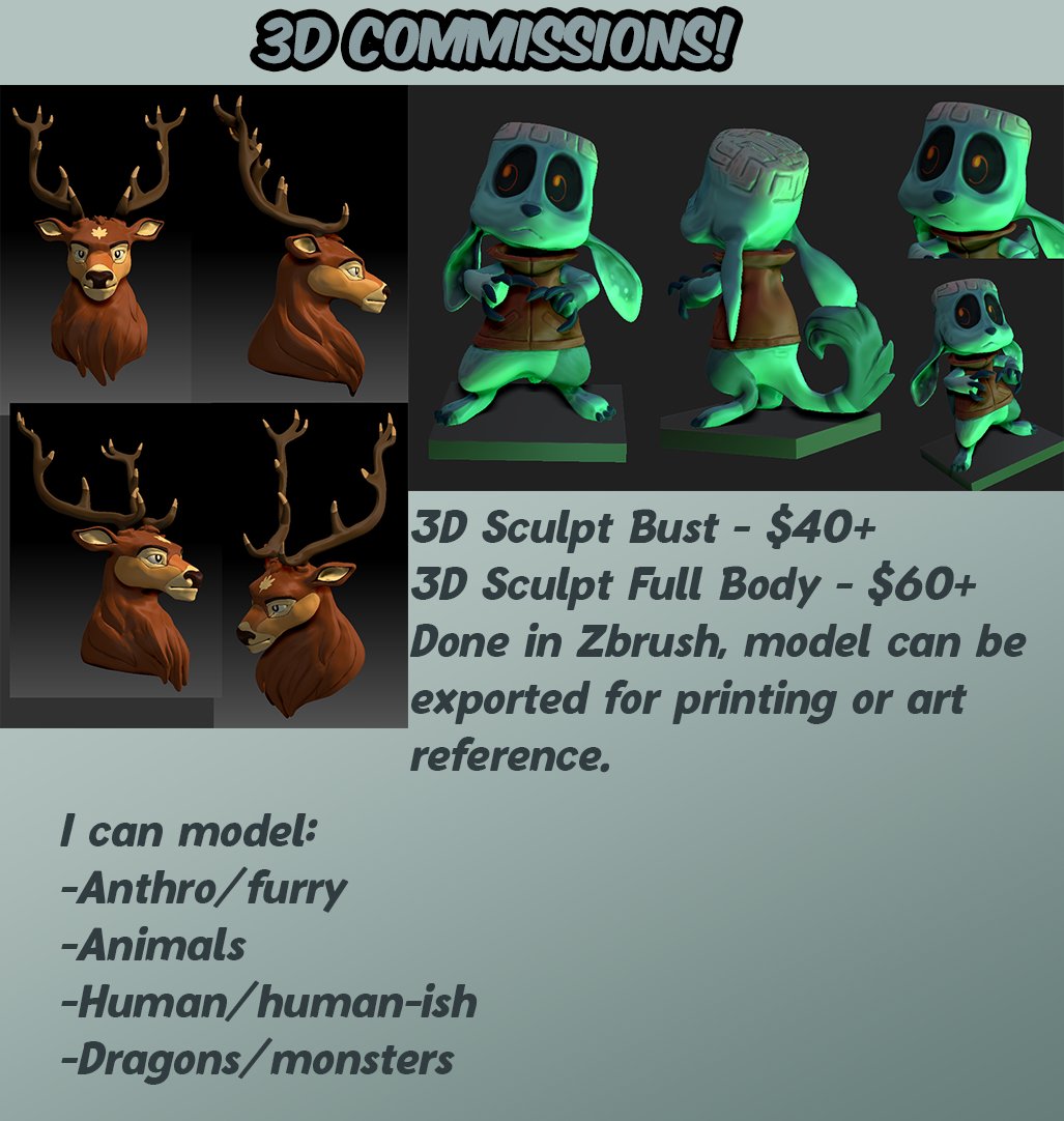 merkygloom's tweet photo. can't remember if I posted my 3D sculpt comm info, but here it is again. Base prices, cost depends on complexity! #commissionsopen https://t.co/MjM7soAO8x
