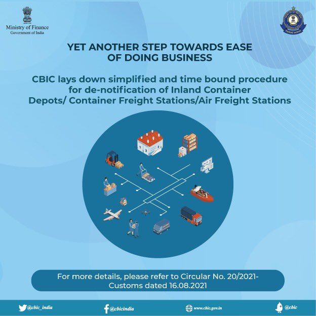 Simplified and time bound procedure laid down by CBIC for de-notification of ICDs/CFSs/AFS to ensure Ease of Doing Business. @EODB_India 

#EODB