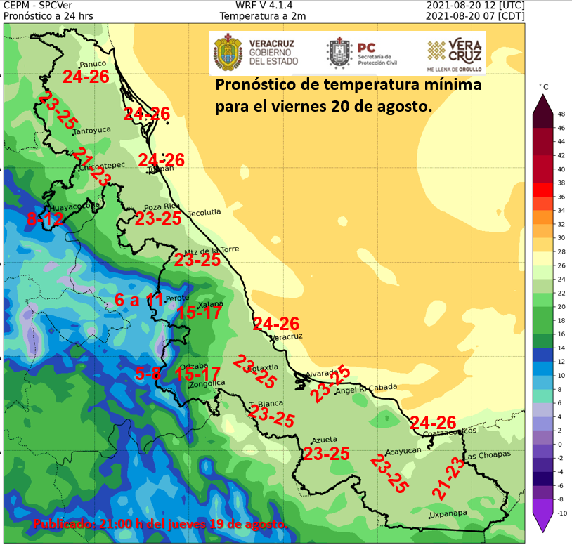 spcver's tweet photo. 🌡Amigas y amigos se espera un amanecer con ambiente fresco a templado en el estado de Veracruz. Aquí el pronóstico de temperaturas mínimas para mañana viernes 20 de agosto de 2021👇🏼 https://t.co/HjFcACW61i