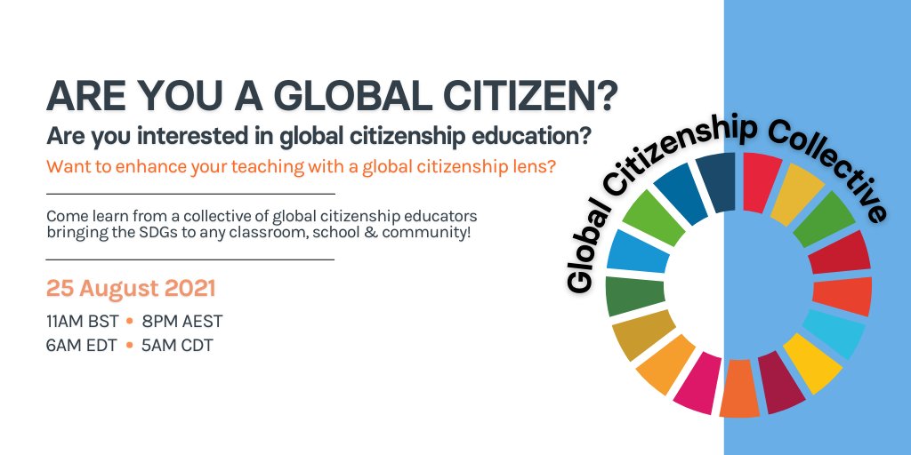 Interested in learning how you can integrate the #sdgs into your curriculum?
Join the Global Citizenship Collective  on 25/8 for our webinar. You’ll hear practical tips &amp; tricks for jumping right in with The Global Goals.👣🌏
bit.ly/3miPKoc
 #globalgoals2030
#teachsdgs