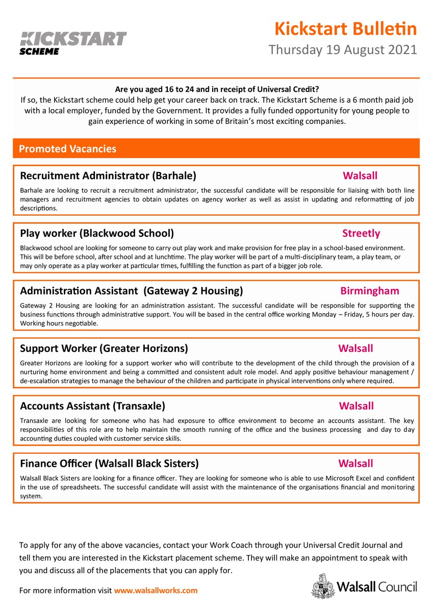 WalsallWorks's tweet image. Our top kickstart vacancies for the week! #Walsallworks 
For more information visit walsallworks.com or call 01922654353