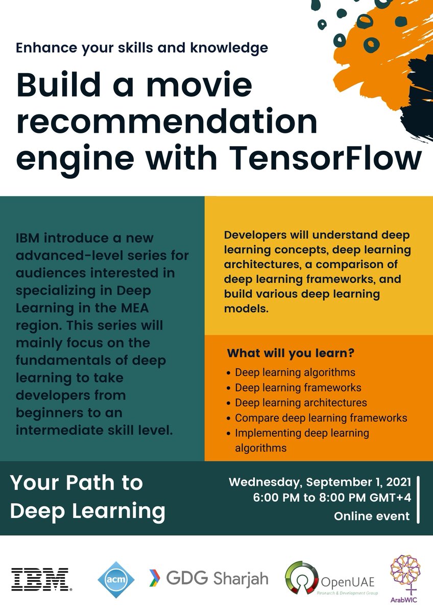 ArabWIC's tweet image. ArabWIC is kicking off the exciting new IBM Developer Series “Your Path to Deep Learning” where you'll learn to implement popular use cases that require Deep Learning techniques!
Registration in the tread👇
#ArabWIC #IBM #IBMDeveloper #DL #DeepLearning #ACM #DGDSharjah #OpenUAE