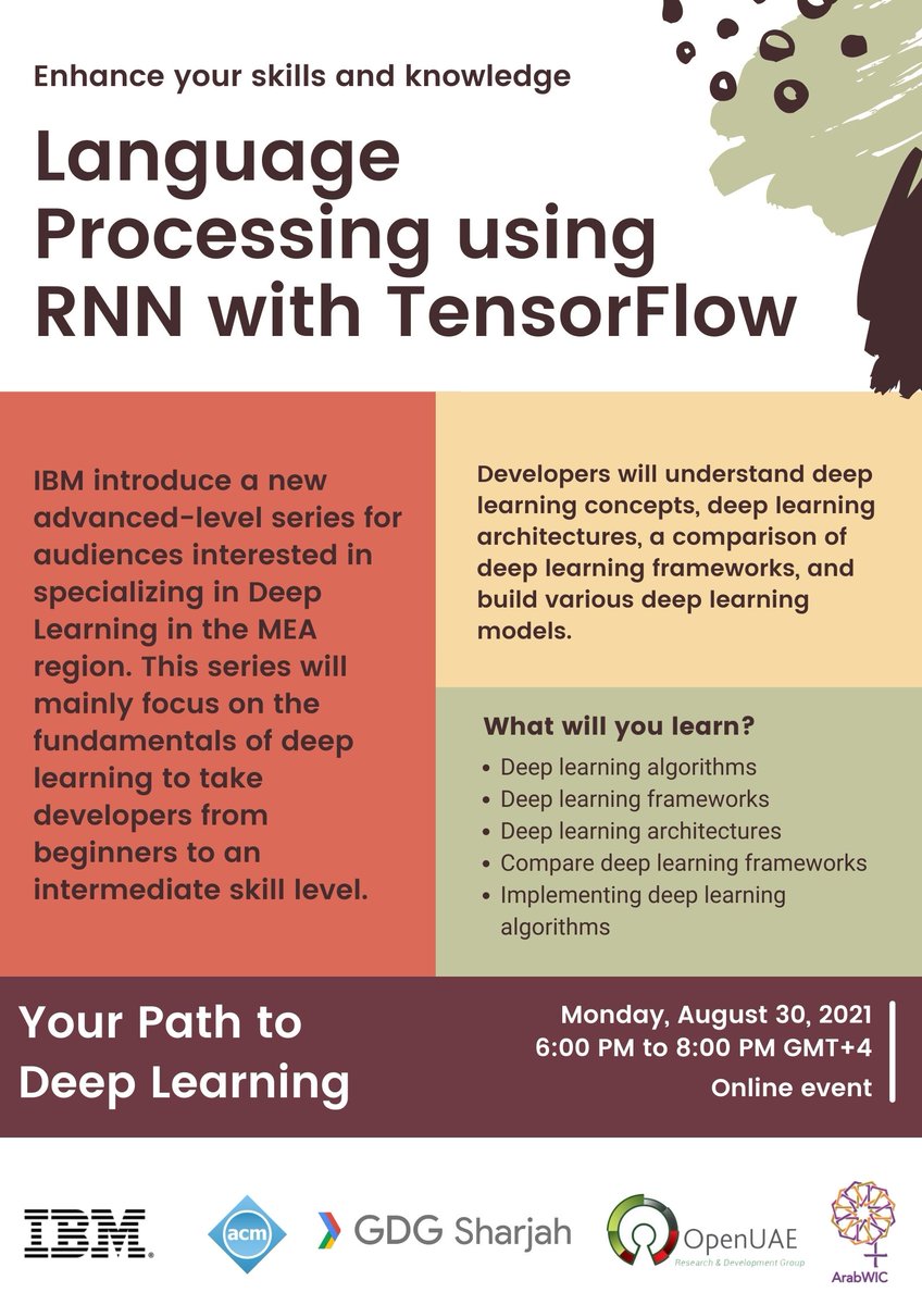 ArabWIC's tweet image. ArabWIC is kicking off the exciting new IBM Developer Series “Your Path to Deep Learning” where you'll learn to implement popular use cases that require Deep Learning techniques!
Registration in the tread👇
#ArabWIC #IBM #IBMDeveloper #DL #DeepLearning #ACM #DGDSharjah #OpenUAE