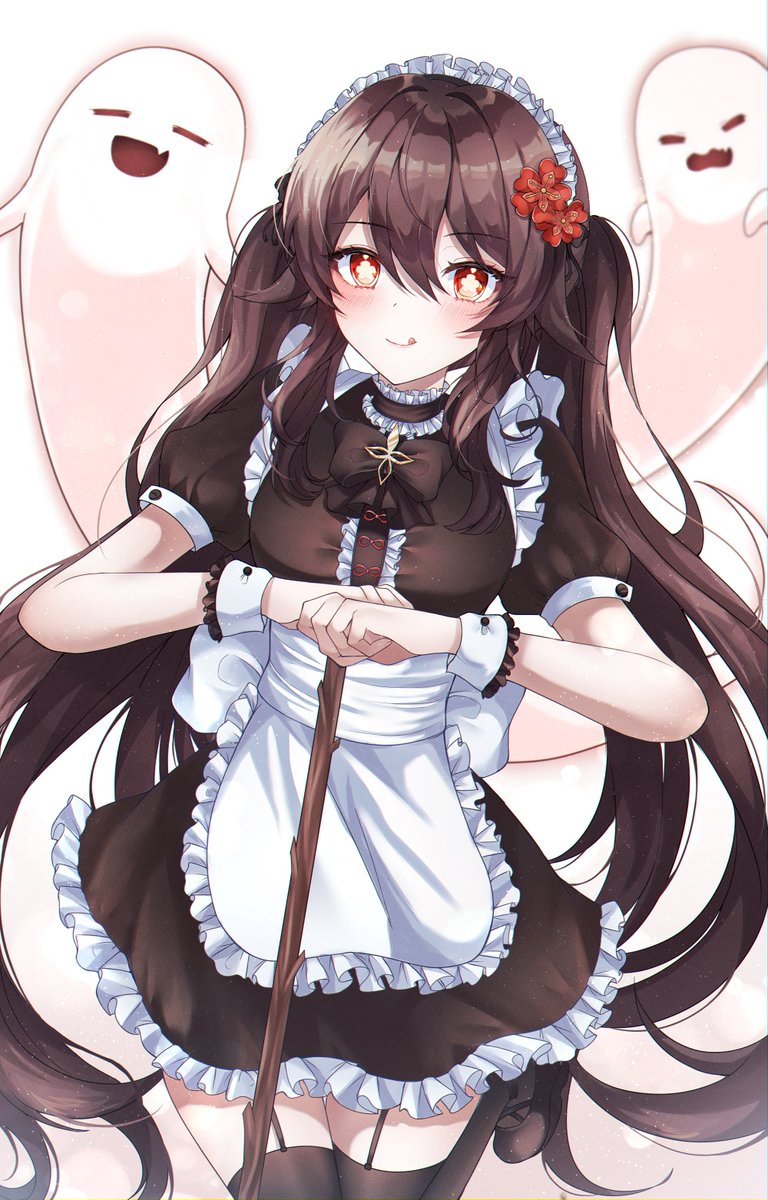 hu tao (genshin impact) 1girl maid apron symbol-shaped pupils flower red eyes brown hair  illustration images