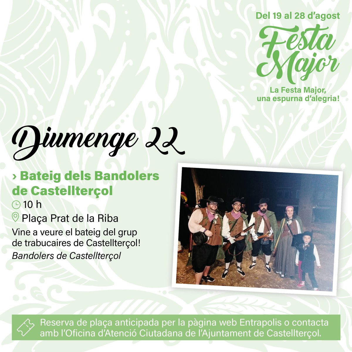 AjCastelltersol's tweet photo. 🎉👉 A les 10 h comença des de la plaça Prat de la Riba el Bateig dels Bandolers de Castellterçol. Ja tens la teva entrada? https://t.co/8qsDUpZVF9