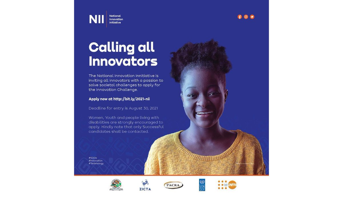 UNFPAZambia's tweet photo. CALLING ALL INNOVATORS!

Do you have an #innovation that can transform sectors such as health, including #maternalhealth and #SRHR? 

👉Apply for the 2021 National Innovation Initiative at: https://t.co/rlsV06Dzp1. 

Deadline: 30 August 2021 https://t.co/Hrp2VJRyDu