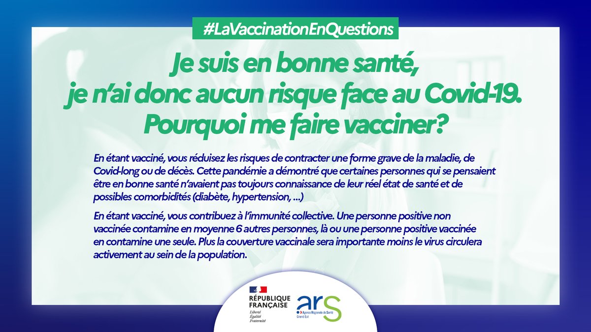 #LaVaccinationEnQuestions 
Je suis en bonne santé, je n’ai donc aucun risque face au Covid-19, pourquoi me faire vacciner?

+ Plus d’information sur la vaccination : vaccination-info-service.fr