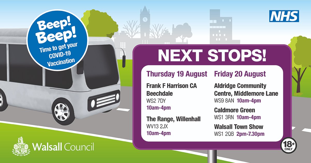 HealthyWalsall's tweet image. Vaccination bus locations for Fri 20 Aug ⬇️ 
Come &amp;amp; see the team for your 1st or 2nd (8 weeks after 1st) COVID-19 Pfizer vacc. 18+ only, no appointment or ID needed &amp;amp; you don’t need to be registered with a GP.

Don't get the virus, get the vaccine instead. The sooner, the safer.