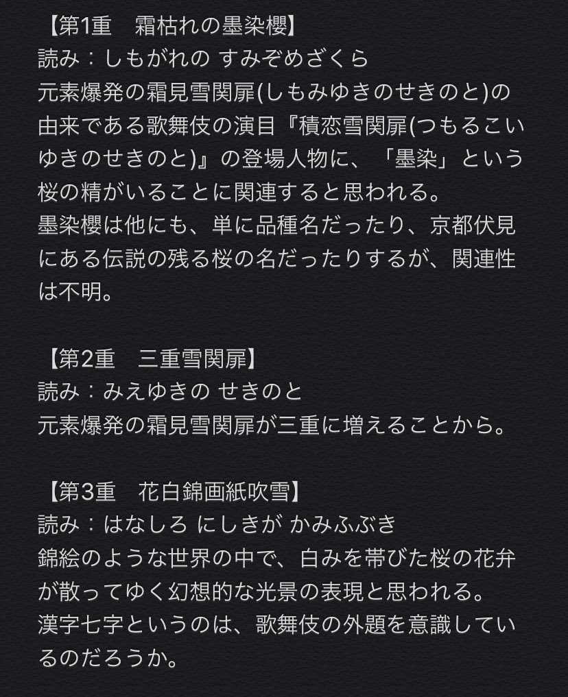 Twitter 上的 原神漢字研究所 神里綾華 命ノ星座 霜枯れの墨染櫻 読み しもがれのすみぞめざくら 三重雪関扉 読み みえゆきのせきのと 花白錦画紙吹雪 読み はなしろにしきがかみふぶき 栄枯盛衰 読み えいこせいすい 花雲鐘入月 読み は