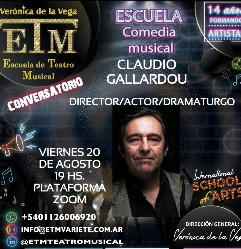 Verodelavegak's tweet photo. VIERNES 19 DE AGOSTO; 19 hs. "Conversatorio" con el Dramaturgo,Actor y Director CLAUDIO GALLARDOU.
#comediadelarte 
#clown
@etmteatromusical 
DIRECCIÓN GRAL:
@verodelavegak
HOY Gratis para los VIPS
🔻Conversatorio @etmteatromusical
Envia tus datos con tu Nro de Tarjeta VIP https://t.co/9GIShUpnqK