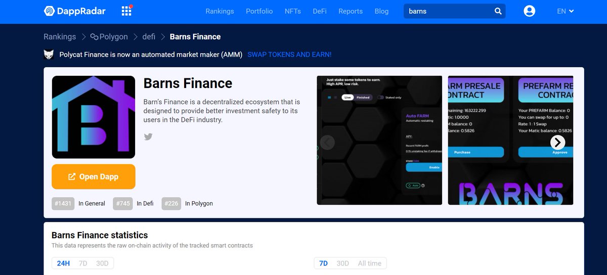 BarnsFinance's tweet photo. listed on dappradar
thankyou @DappRadar for listing on dappradar https://t.co/DA4BGNBVF3