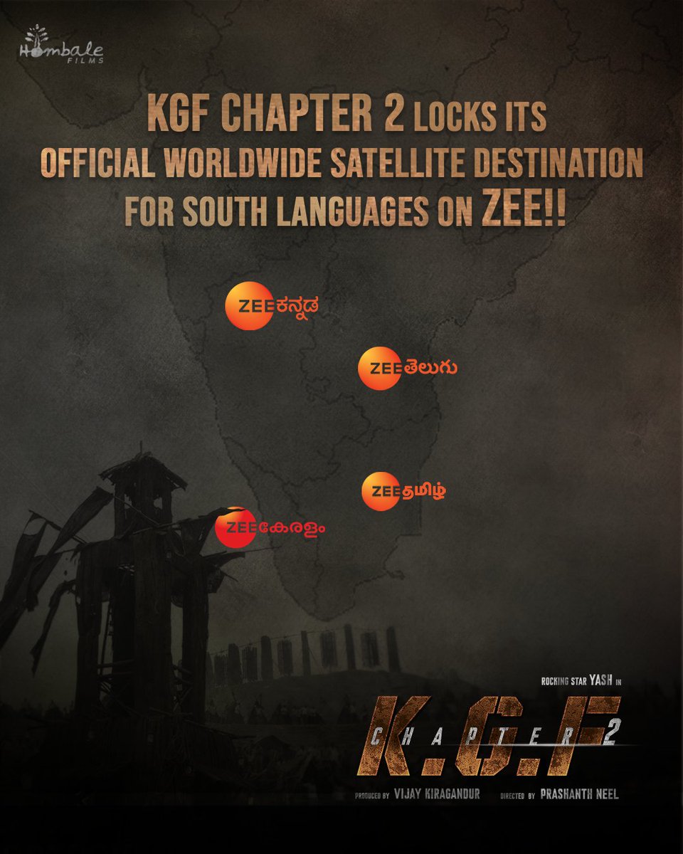 #KGFChapter2 locks its official worldwide satellite destination for South languages on ZEE 📺 @TheNameIsYash @prashanth_neel @VKiragandur @hombalefilms @HombaleGroup @duttsanjay @TandonRaveena @SrinidhiShetty7 #KGF2SouthOnZee @ZeeKannada @ZeeTVTelugu @ZeeTamil @ZeeKeralam