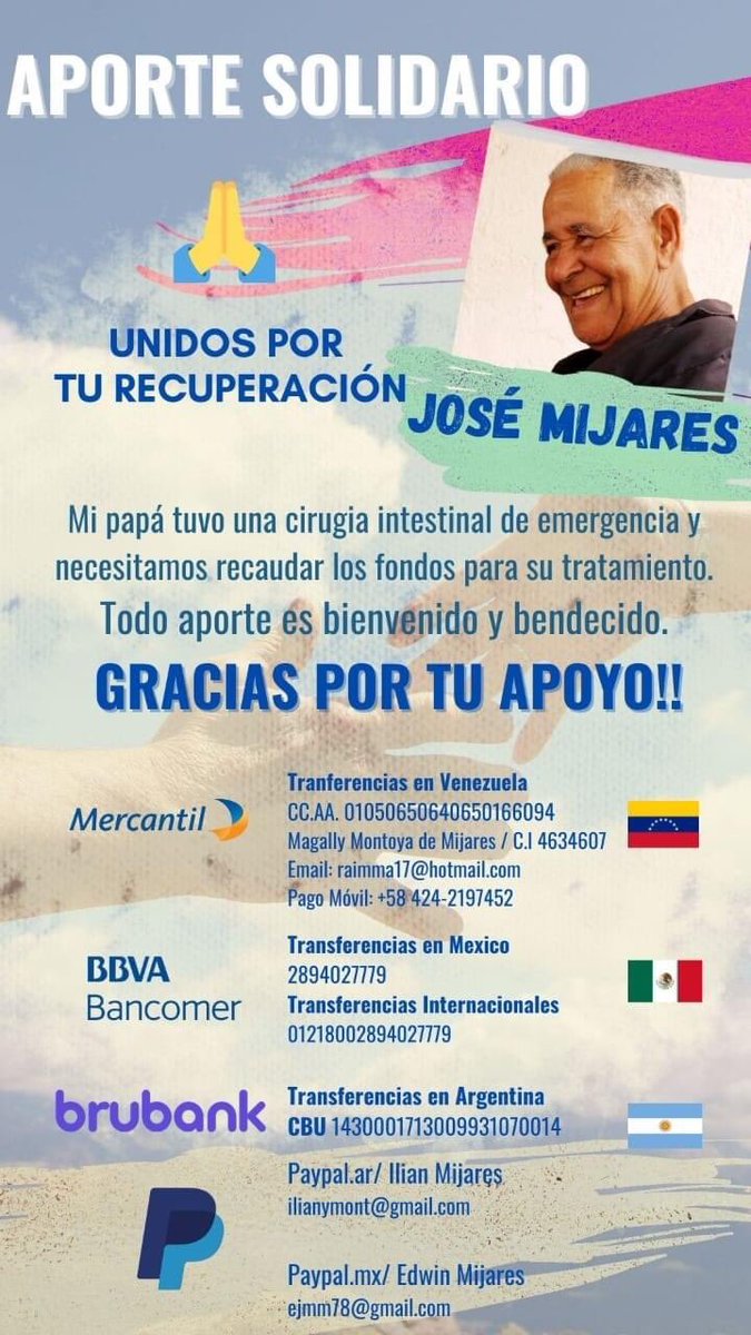 Mi papá ha evolucionado después de la intervención quirúrgica,  gracias a sus oraciones y aportes ! Dios bendiga a cada uno de ustedes !
Aún nos queda camino por recorrer con el tratamiento y confíamos en Dios que tendremos a mi papá por mucho más tiempo.