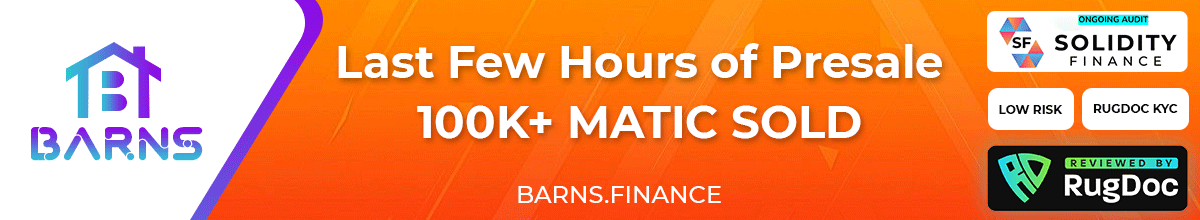BarnsFinance's tweet photo. 100k + sold , Presale end : 20th Aug, 12 PM GMT
Few Hours left so hurry up guys..!!! https://t.co/ST77VHdRZe