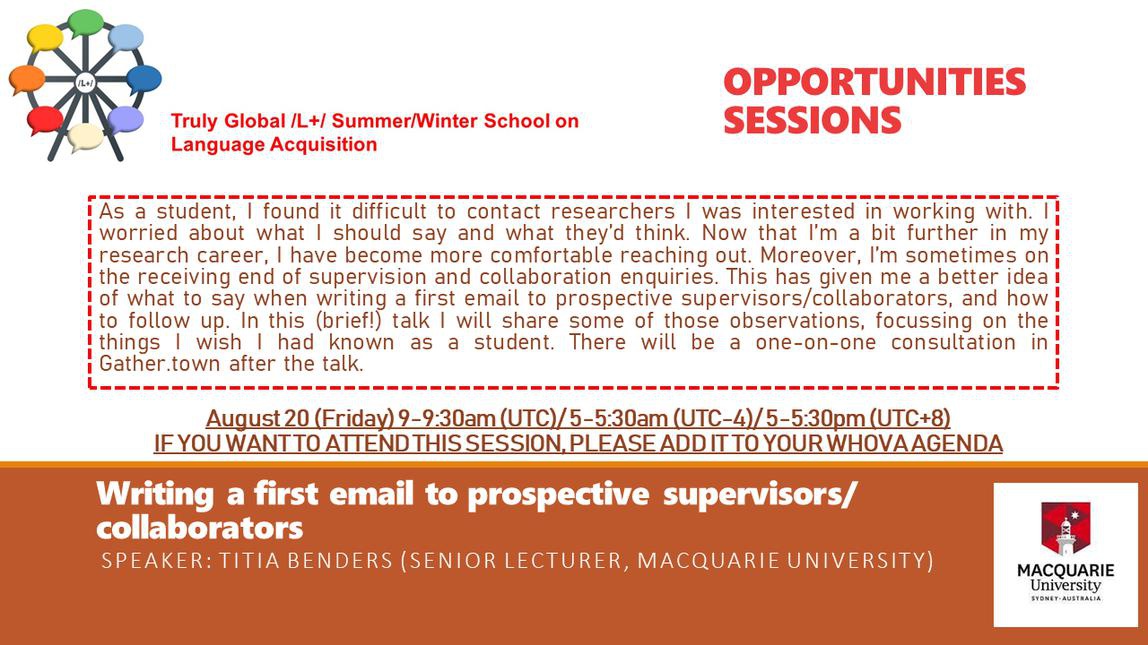 Writing that first email to potential supervisors can be daunting and we're here to help! Titia Benders will share tips and meet with you for some one-on-one consultation after the talk! We will be starting 30 mins AFTER scheduled time. See you then!