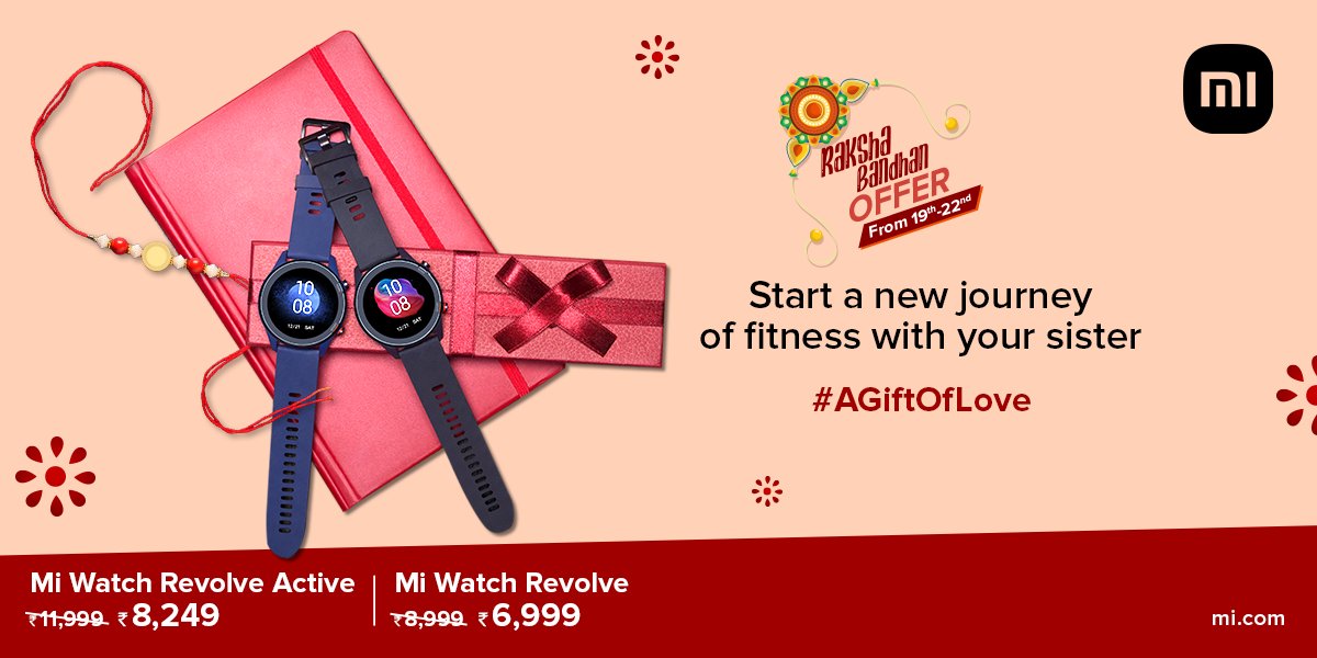 XiaomiIndia's tweet image. The #MiWatchRevolveActive only at ₹8249 and #MiWatchRevolve at ₹6999?! 😱  
Here&apos;s your chance to surprise your siblings with a gift that they will definitely cherish you for ❤️ Hurry up to make their day, offer expires on Sunday! ⏳
Head here: bit.ly/2W8WVoc