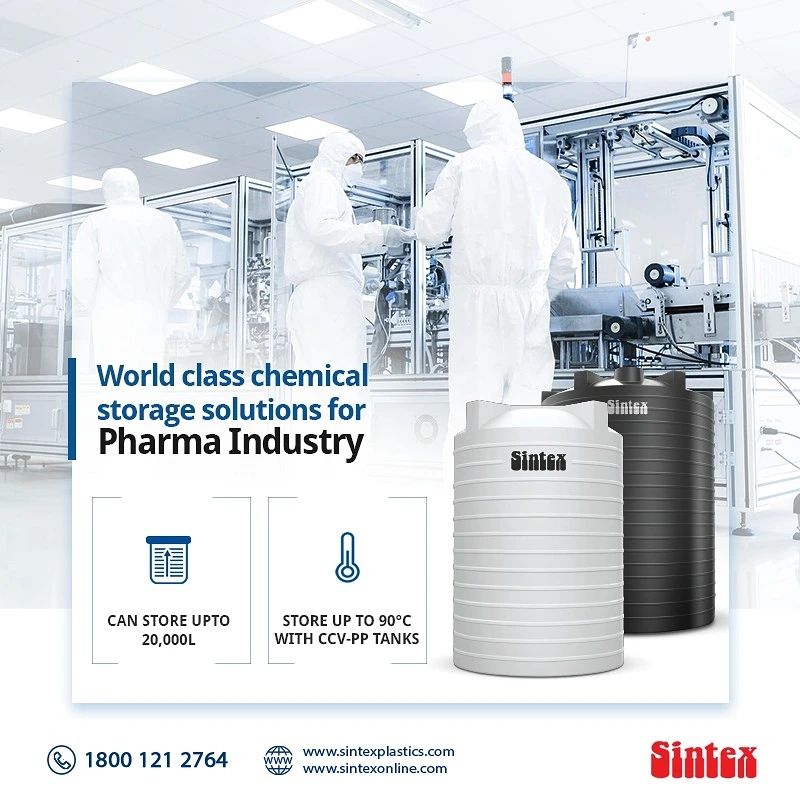 Sintex offers a wide range of chemical storage tanks that provides solutions for Pharma Industries.
Our tanks offer excellent features & benefits that prevent spillage, evaporation, and leakage of the stored chemicals.

For more details contact us at 1800 121 2764

#sintextanks
