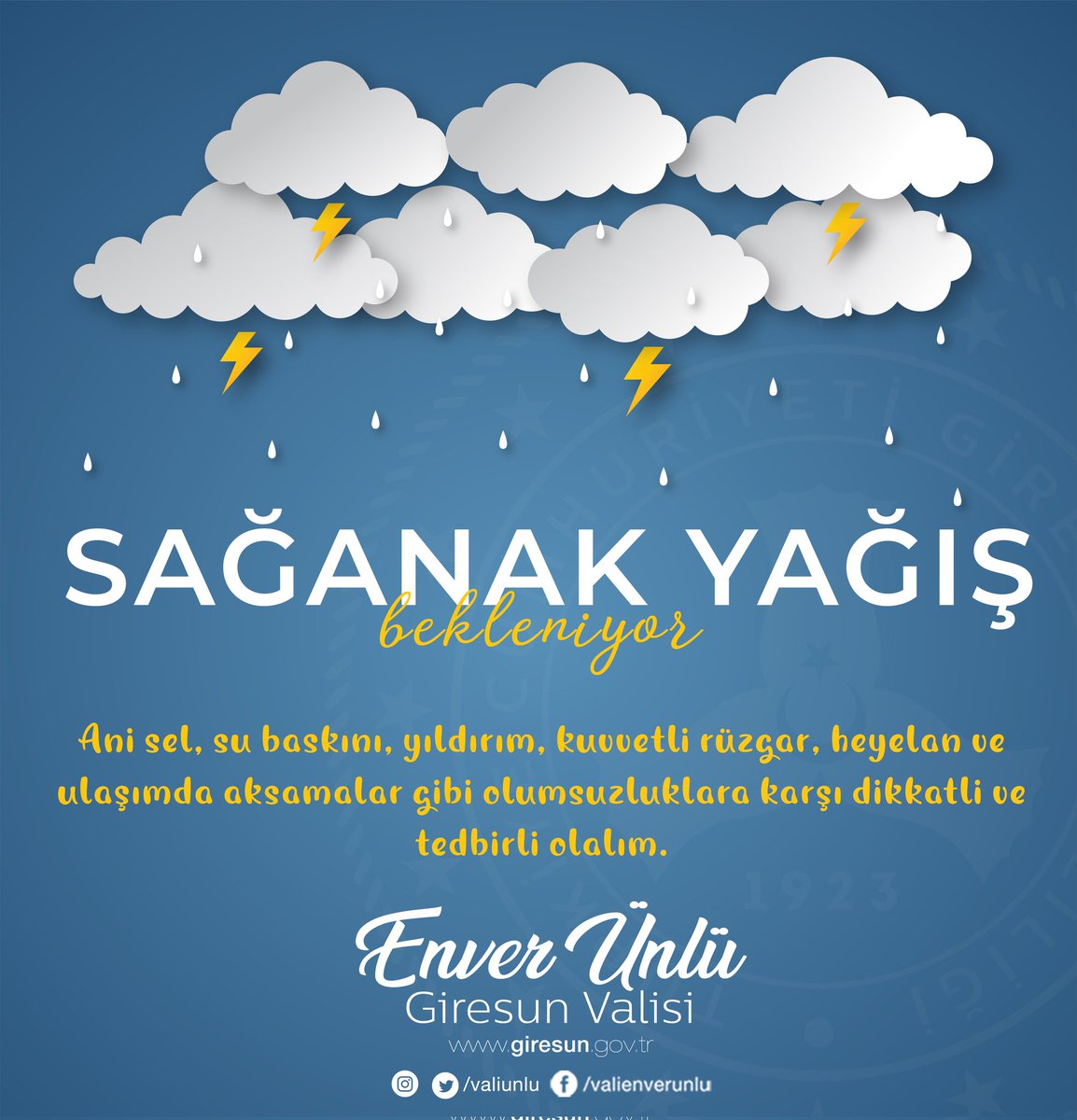 D İ K K A T ⛈️

20.08.2021 saat: 15.00 ile 21.08.2021 saat: 18.00 arasında ilimizde gök gürültülü sağanak yağış ve kuvvetli rüzgarlar beklendiğinden dolayı ani sel, dolu, su baskını, yıldırım, heyelan ve ulaşımda aksamlar gibi olumsuzluklara karşı dikkatli ve tedbirli olalım.