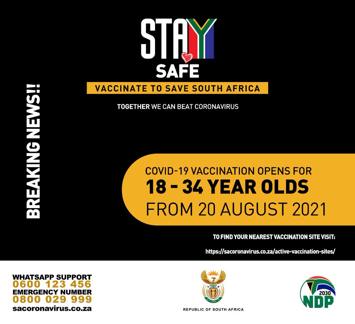 PresidencyZA's tweet image. #COVID19 Vaccination opens for 18-34 year old cohort from today Friday, 20 August 2021 #vaccinate

REGISTRATION LINK: sacoronavirus.co.za/evds/

#VaccineRolloutSA  

#iChooseVaccination

#GetVaccinatedNow