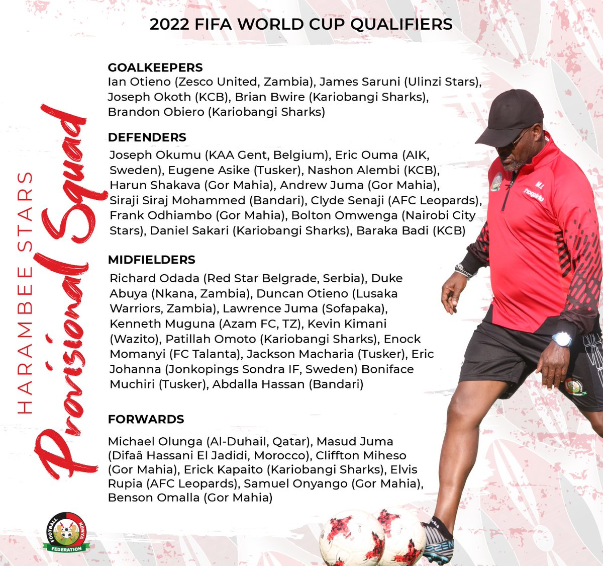 moseswakhisi's tweet photo. Kenya #HarambeeStars provisional squad for our upcoming qualifiers against Uganda 🇺🇬 and Rwanda 🇷🇼
has been named. 

#Tunaweza ama #Hatuwezi???? 

Wadau hii squad iko vipi?
#FKF #SetpieceKE #KTNScoreLine #BBIRuling #NullAndVoid https://t.co/BwSViYFkom