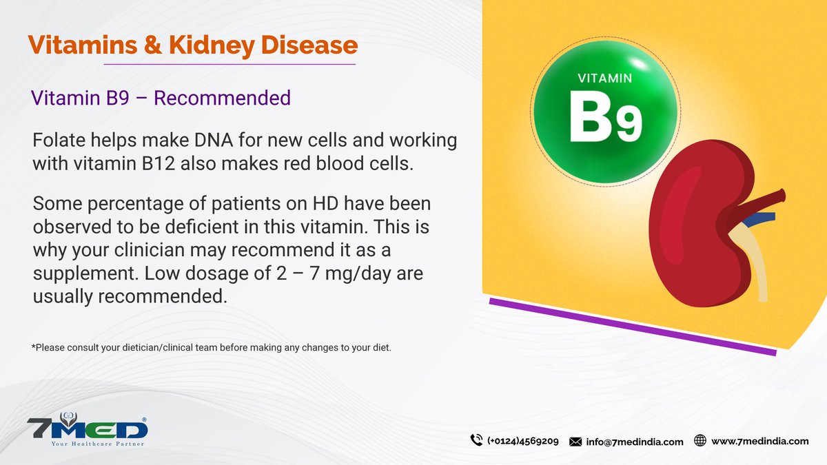 7medIndia's tweet photo. Folate is synthesized by intestinal bacteria & can also be found in green leafy vegetables, whole grains, yeast & liver.
#7Med #7MedIndia #ChronicKidneyDisease #FIDNEY #Health #Dialysis #Nephrology #Hemodialysis #DialysisPatientCareProgram #DPCP #KeepingPatientsFirst https://t.co/SRS1poP919