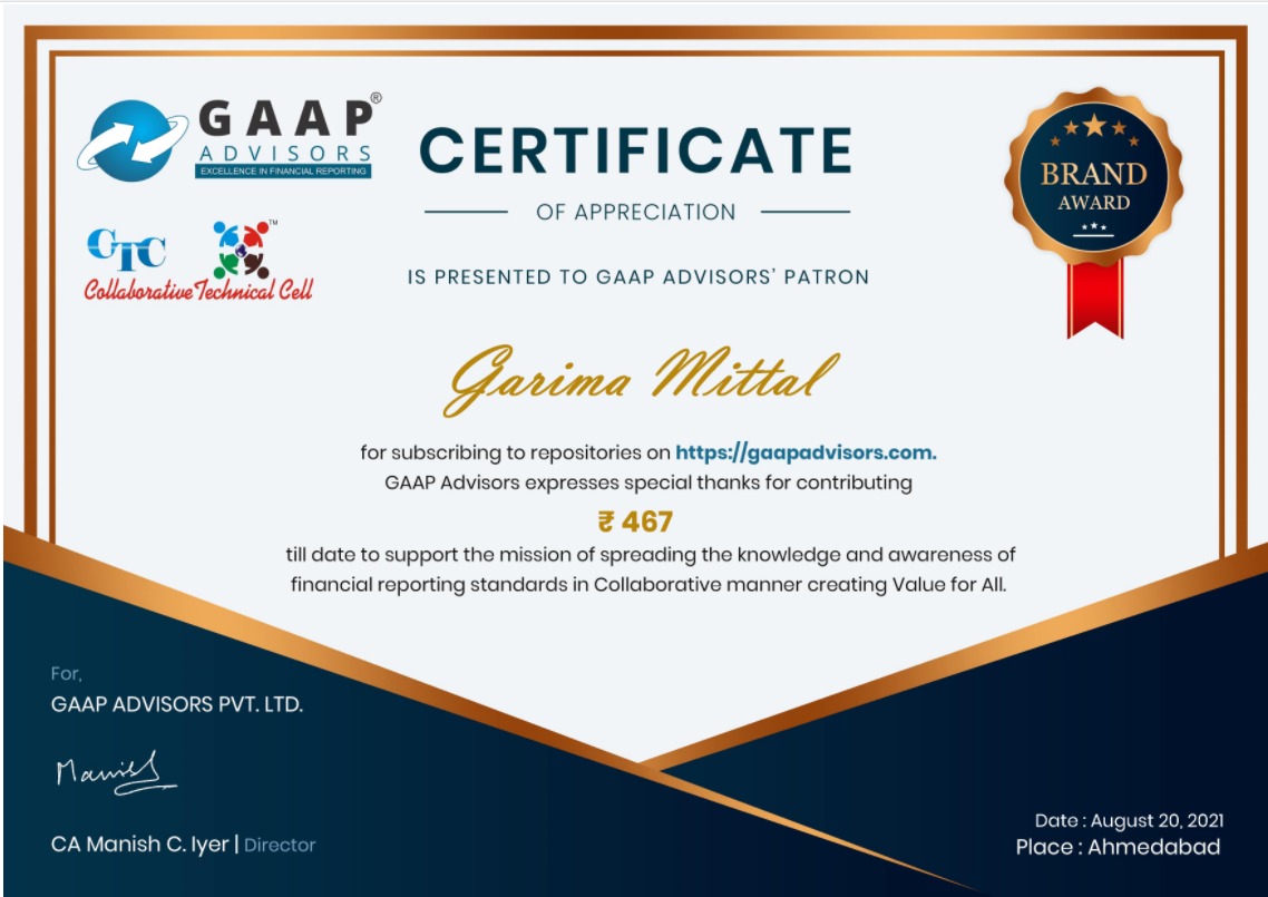 cmanishiyer's tweet image. #GAAPAdvisors expresses special thanks to Garima Mittal gaapadvisors.com/Certificate/Ce… for 48 hour subscription to #IssueRepository, #AccountingPolicyRepository and #ReviewRepository contributing to the #CollaborativeModelCreatingValueForAll  🙏