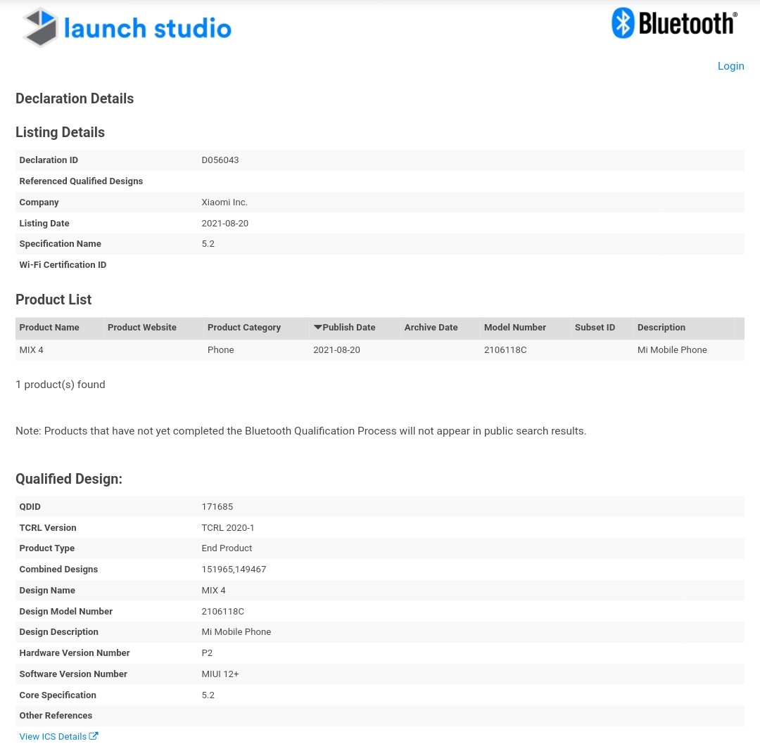 techylogy's tweet image. #Xiaomi #MiMiX4
Xiaomi Mi Mix 4 Appers On Bluetooth Certification..
