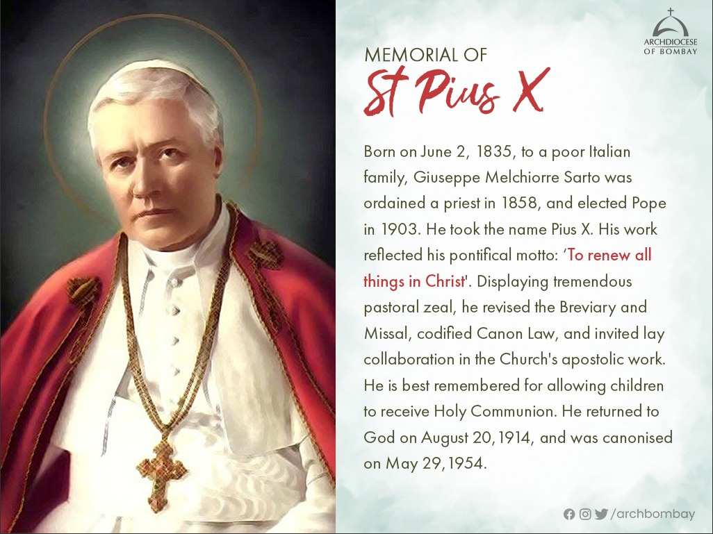 archbombay's tweet photo. The Archdiocese of Bombay wishes the Parish in Mulund, St Pius X College, Goregaon (East) and all the Churches and Institutions dedicated to St Pius X the world over a Very Happy Feast.
#Saint #StPius #Jesus #Catholic https://t.co/ZmEDTIptTN