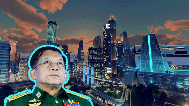 JusticeMyanmar's tweet photo. As #Myanmar ppl go hungry, face health crisis &amp; economy contracts about 18% after coup attempt, in mafia style delusions of grandeur, criminal Min Aung Hlaing says he's building subway system in the ghost city of Naypyidaw. Stop stealing public funds! 👉🏽 https://t.co/OpsehQ4Nbp https://t.co/XCdAChYokv