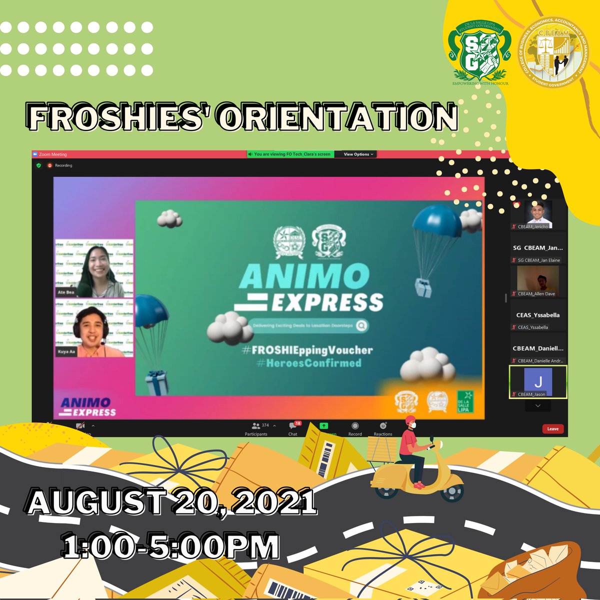 SG_CBEAM's tweet photo. HAPPENING NOW:  ANIMO EXPRESS 2021 Delivering Exciting Deals to Lasallian Doorsteps

Batch 021 is currently attending their first official event as the newest members of the Lasallian Community.

#AnimoExpress2021
#WelcomeBatch021
#FROSHIEppingVoucher
#HEROESConfirmed https://t.co/TTYUPPMp1K