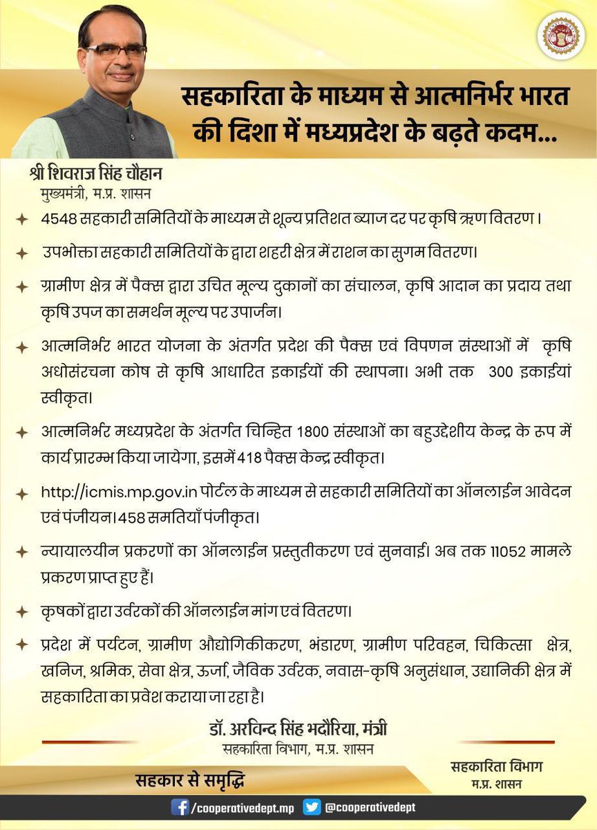 cooperativedept's tweet photo. सहकारिता के माध्यम से आत्मनिर्भर भारत की दिशा में #मध्यप्रदेश के बढ़ते कदम...

#सहकारसेसमृद्धि 🤝
#AatmaNirbharBharat 
#AatmaNirbharMP  

@narendramodi  @AmitShah  @ChouhanShivraj  @bhadoriabjp https://t.co/zYUX7pgVen