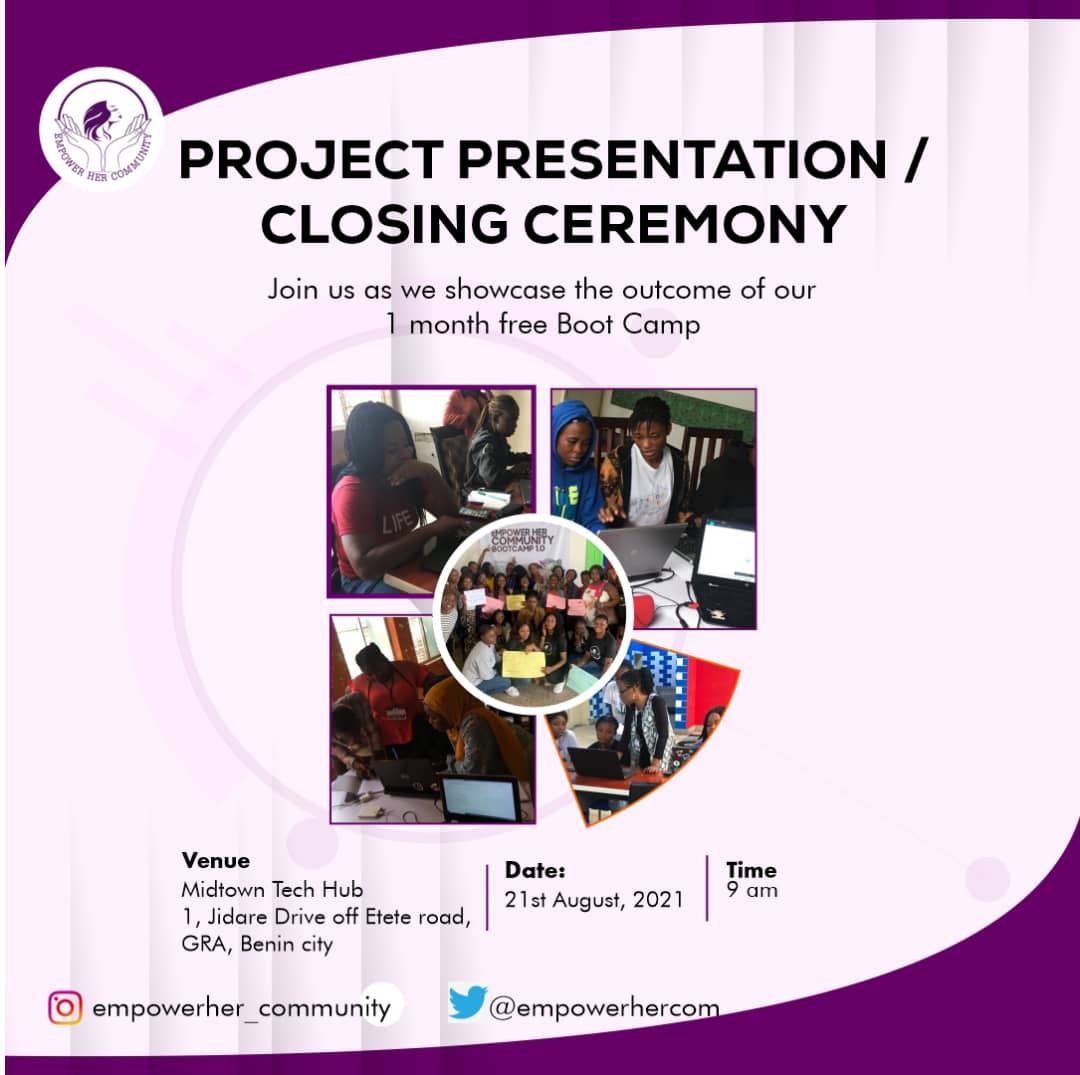 empowerhercom's tweet image. The bootcamp for our first cohorts has officially come to an end.
We shall be having a presentation of projects/closing ceremony.
Register here and plan to attend  forms.gle/KwQcqaeDP7gYUm…
Come with your face masks and stay safe 🤗
#EmpowerHer 
#WomenInTech
#MidTowntechHub