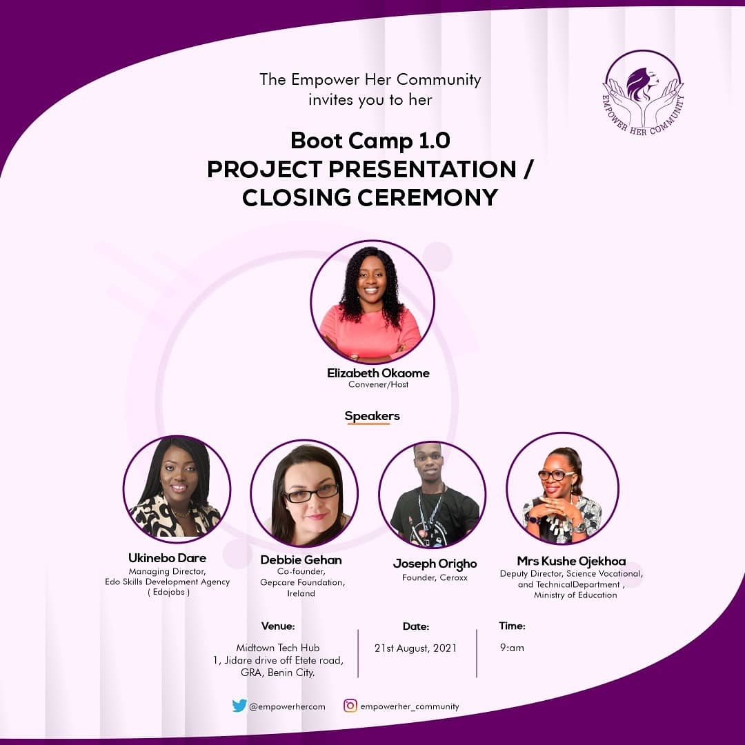empowerhercom's tweet image. The bootcamp for our first cohorts has officially come to an end.
We shall be having a presentation of projects/closing ceremony.
Register here and plan to attend  forms.gle/KwQcqaeDP7gYUm…
Come with your face masks and stay safe 🤗
#EmpowerHer 
#WomenInTech
#MidTowntechHub