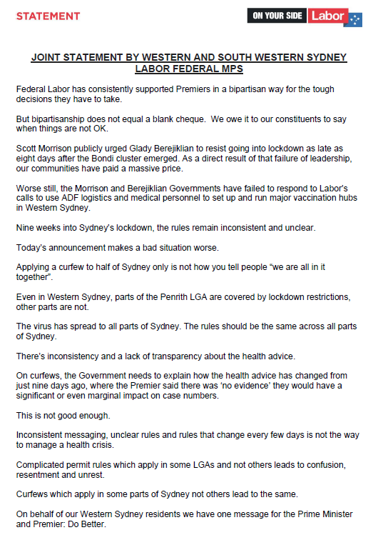 Joint statement by Western and South Western Sydney Labor Federal MPs #COVID19nsw #auspol