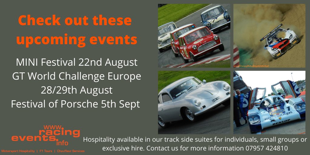 RacingEvents's tweet image. We have some fantastic events coming up:
MINI Festival this Sun 22 Aug 
GT World Challenge Europe 28/29 Aug 
Festival of Porsche 5 Sept
Contact us if you'd like to join us.
07957424810 / Admin@RacingEvents.info
#motorsport #festival #familyfun #mini #GTChallenge #porsche