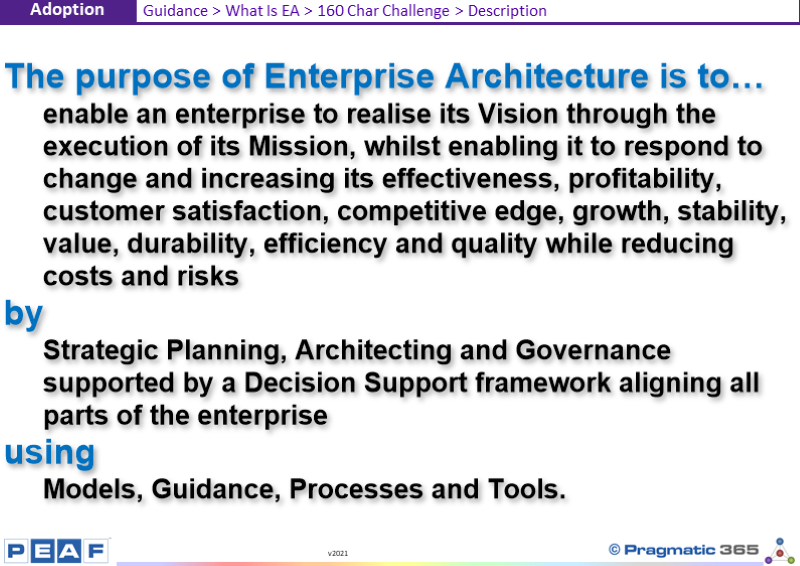 kevinleesmith's tweet photo. Do you agree with this description of the Purpose of EA?
If not, why not?
What would you add? Take away? Change?...https://t.co/CxS7khJLJs
Professional EA Training https://t.co/AY2CMRxwKs
#EntArch #EnterpriseArchitecture #BusinessArchitecture #PEAF #TOGAF https://t.co/UK6WZo24Le