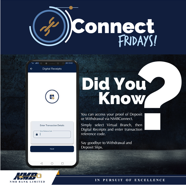 NMBBankZim's tweet photo. Did You Know?
You can access your proof of Deposit or Withdrawal via NMBConnect. Here is how: Select Virtual Branch, then Digital Receipts and enter transaction reference code.
#NMBConnect
#YourDigitalBank
#VirtualBranch
#NMBBank https://t.co/SByJyr1QmW