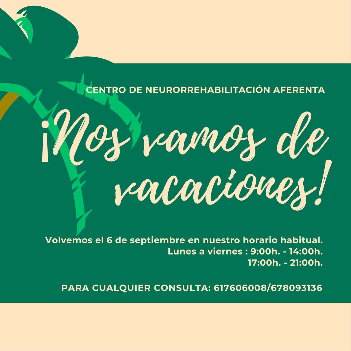 centro_aferenta's tweet photo. ¡Nos vamos de vacaciones!
Volvemos el 6 de septiembre en nuestro horario habitual y con las pilas cargadas. https://t.co/Trt1mbjAnW