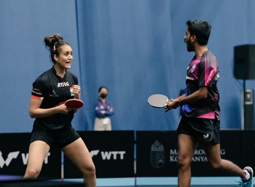 Media_SAI's tweet photo. .@sathiyantt and @manikabatra_TT🏓🏓Nandor Ecseki/Dora Madarasz  11-9 9-11 12-10 11-6 in the mixed doubles event at the 2021 WTT Contender Budapest to win the Final

Many congratulations to the duo!!

#TableTennis #IndianSports https://t.co/SlGQF8LTbT