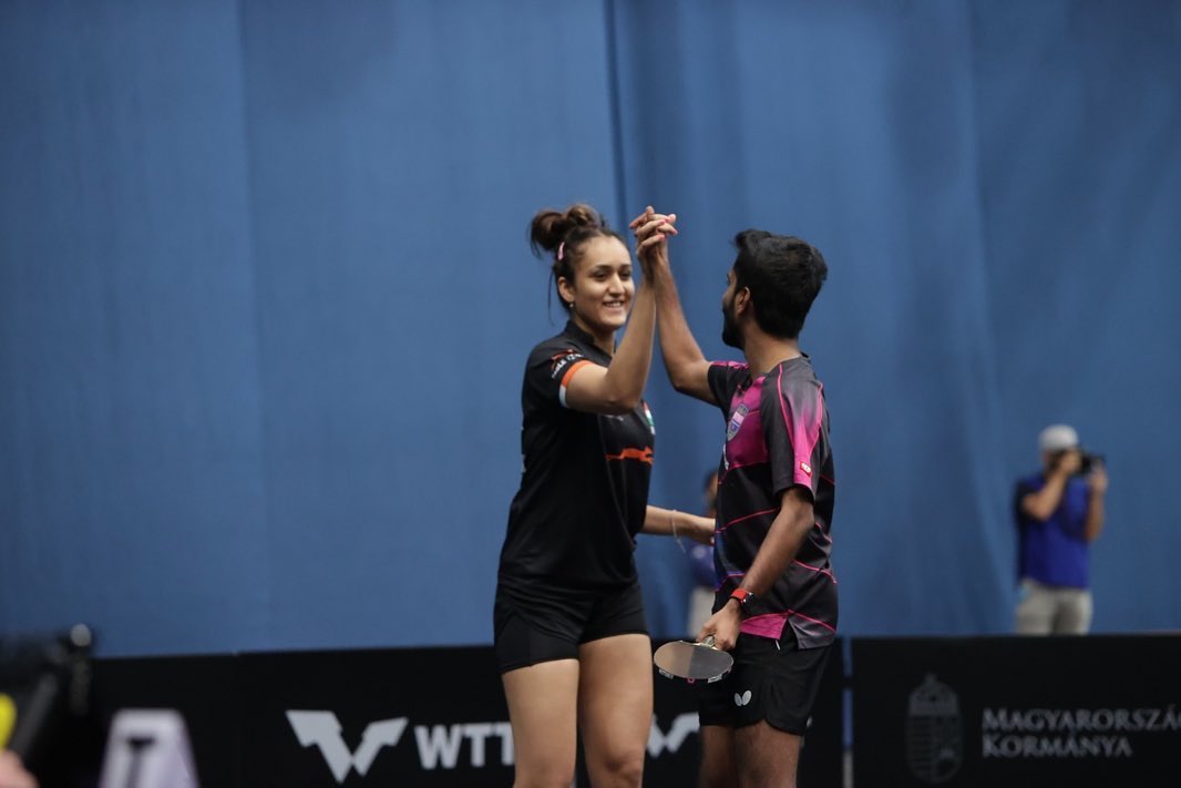 Media_SAI's tweet photo. .@sathiyantt and @manikabatra_TT🏓🏓Nandor Ecseki/Dora Madarasz  11-9 9-11 12-10 11-6 in the mixed doubles event at the 2021 WTT Contender Budapest to win the Final

Many congratulations to the duo!!

#TableTennis #IndianSports https://t.co/SlGQF8LTbT