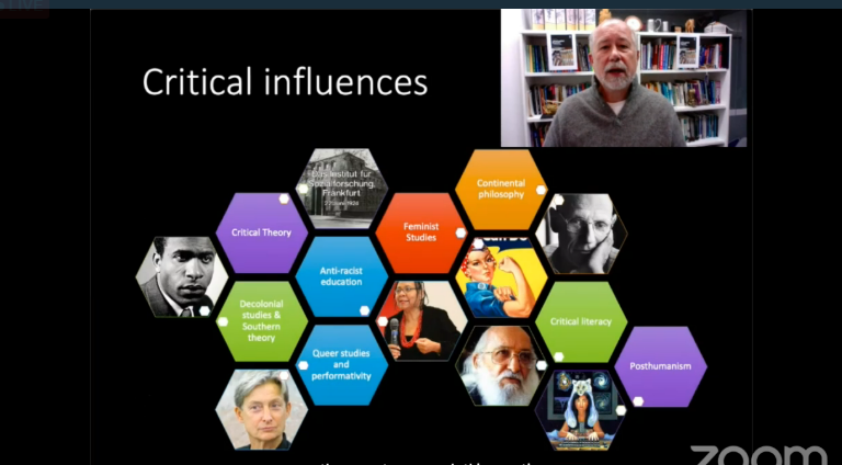 JessBCN's tweet photo. #AILA2021 final plenary speaker, Alastair Pennycook asks what the 'Critical' in 'Critical Applied Linguistics' means: One way is creating your own map: Judith Butler, Bell Hooks, Foucault, Freire et al. https://t.co/kEBqgx2NSL