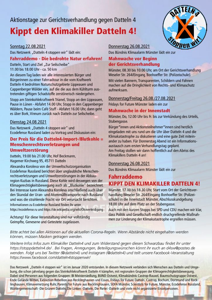 #Aktionstage zur Gerichtsverhandlung gegen #Datteln4:

So 22.8. #FahrradDemo, Datteln
Di 24.8. #Vortrag &amp; Diskussion m. <a href="/Aleksan51625401/">Aleksandra Koroleva</a>, Datteln
Do 26.8. #Mahnwache vor Beginn d. Gerichtsverh., Münster
Do 26.- Fr 27.8. Mahnwache, Münster Innenstadt
Do 26.8. FahrradDemo, Münster