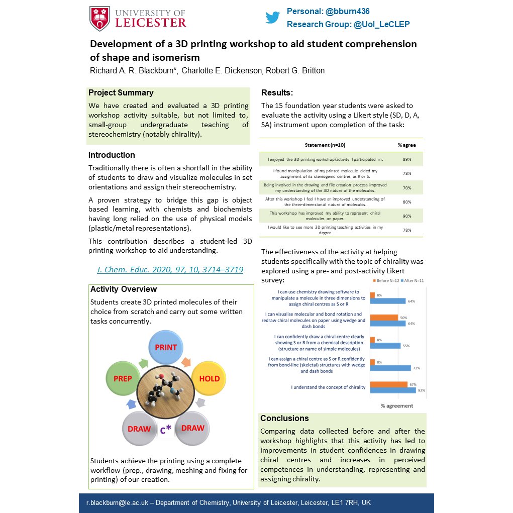 Congratulations to group member Richard Blackburn @bburn436 (along with co-authors Charlotte Dickenson and Rob Britton) for winning a @RSC_HEG poster prize at the #ViCEPHEC21 conference today #ChemEd